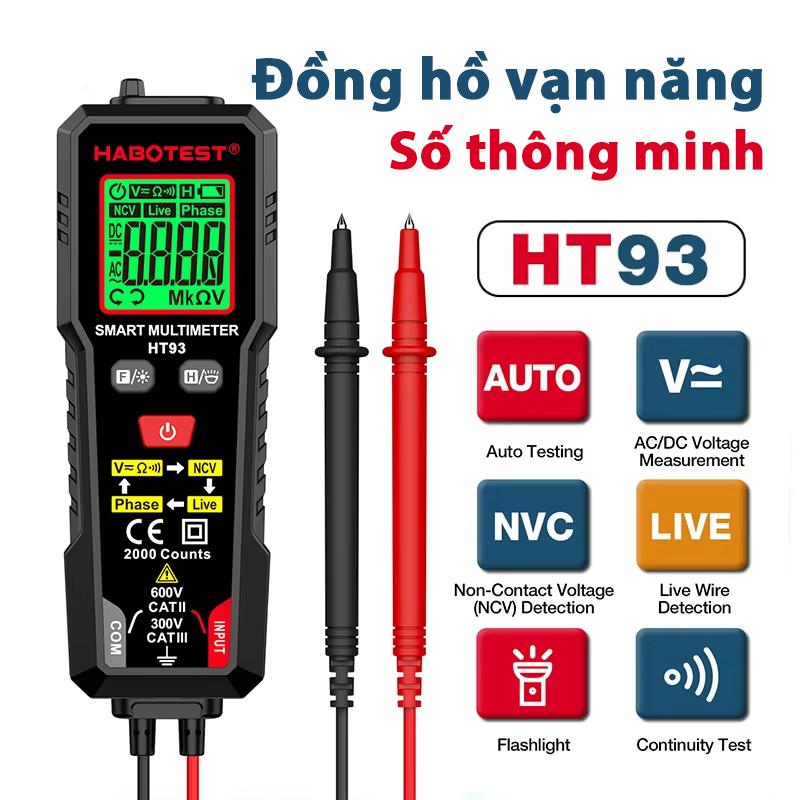  Đồng Hồ Vạn Năng Thông Minh HT93 Đồng Hồ Vạn Năng Kỹ Thuật Số Kiểm Tra Tự Động Đo Điện Áp AC   DC Phát Hiện Dây Live NCV Kiểm Tra Không Bị Rối 2000 Số Đếm Đo Phạm Vi Tự Động Bao Gồm Pin 
