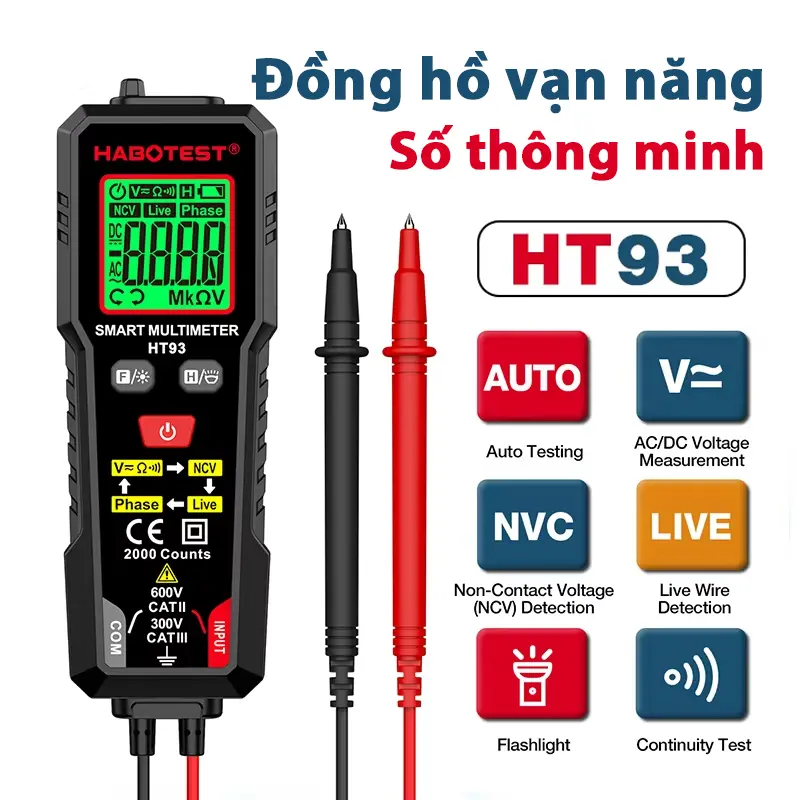Đồng Hồ Vạn Năng Thông Minh, HT93, Đồng Hồ Vạn Năng Kỹ Thuật Số, Kiểm Tra Tự Động, Đo Điện Áp AC / DC, Phát Hiện Dây Live NCV, Kiểm Tra Không Bị Rối, 2000 Số Đếm, Đo Phạm Vi Tự Động, Bao Gồm Pin 0