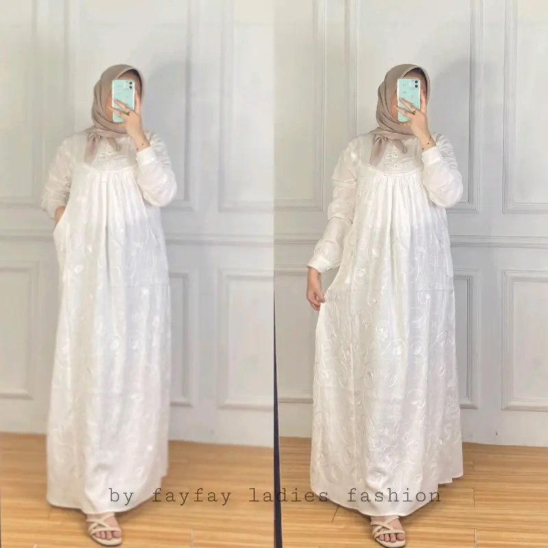 Fay Fay Amanda Baju Gamis Kain Polo Linen Full Bordir Size M LD 94cm Free Hijab Muslim Dress Dewasa lebaran 4