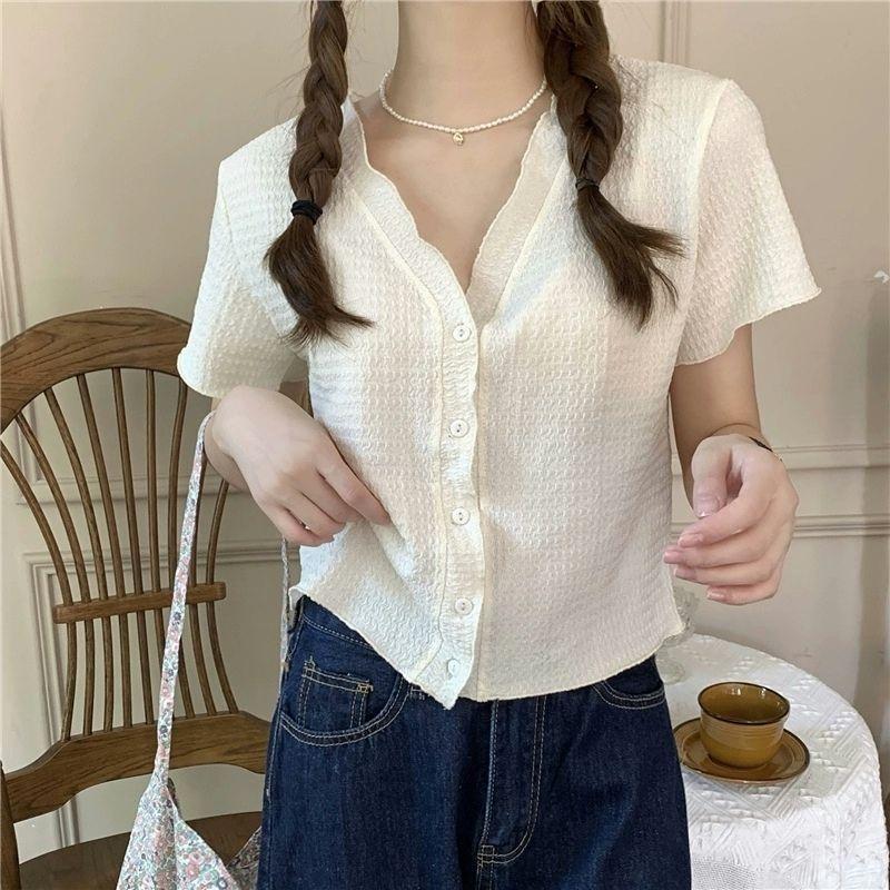 Product Introduction of Áo Thun Ngắn Tay Cho Nữ, Thiết Kế Xếp Li, Cổ Chữ V, Có Cúc, Mỏng 20