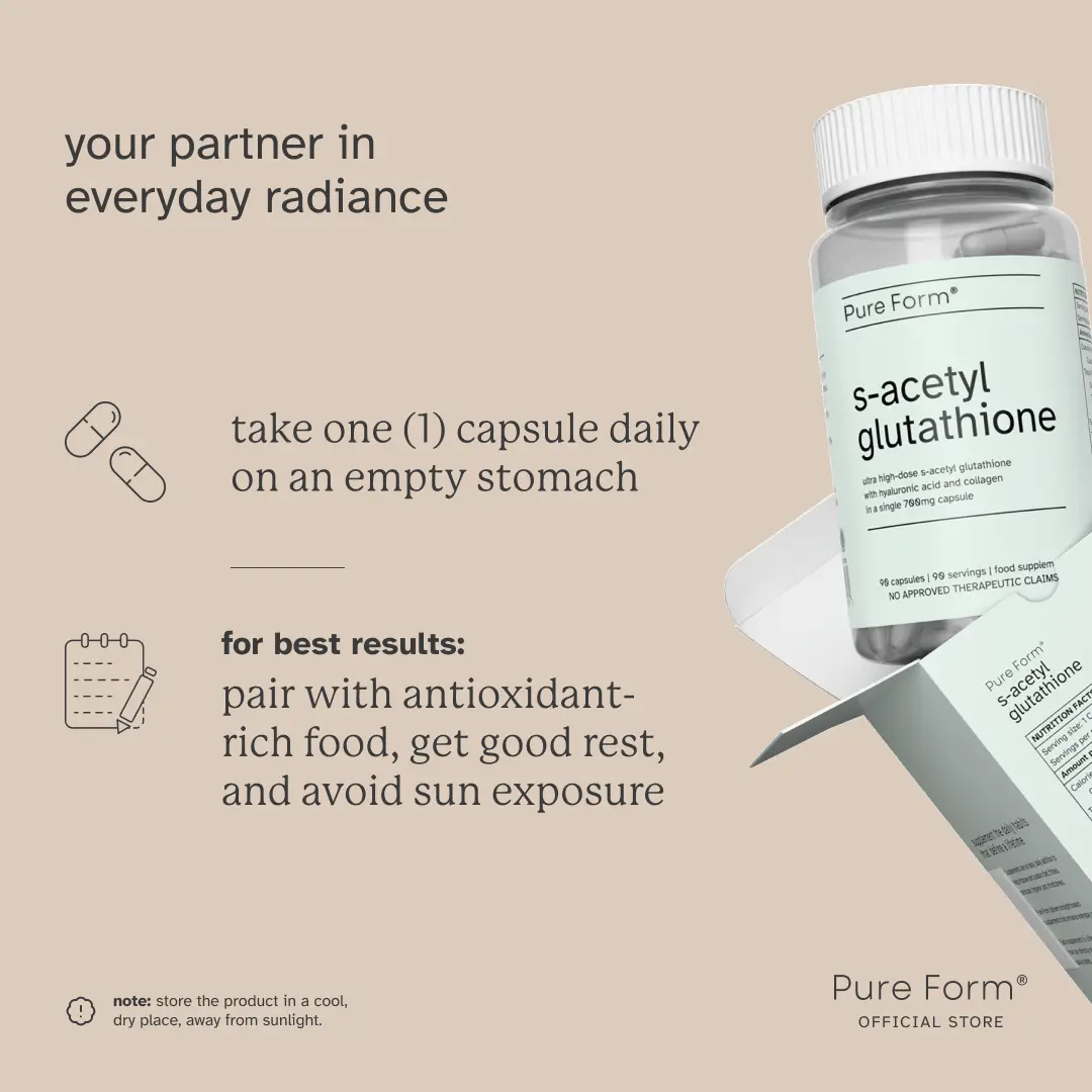 pure form glutathione Pure Form S-Acetyl Glutathione | 90 Capsules | 700mg of Gluta + Hyaluronic  Acid + Hydrolyzed Collagen | Skin Brightening, Moisturizing, and Anti-Aging  Edible Supplement Beauty Healthcare Colagen Dietary Fitness