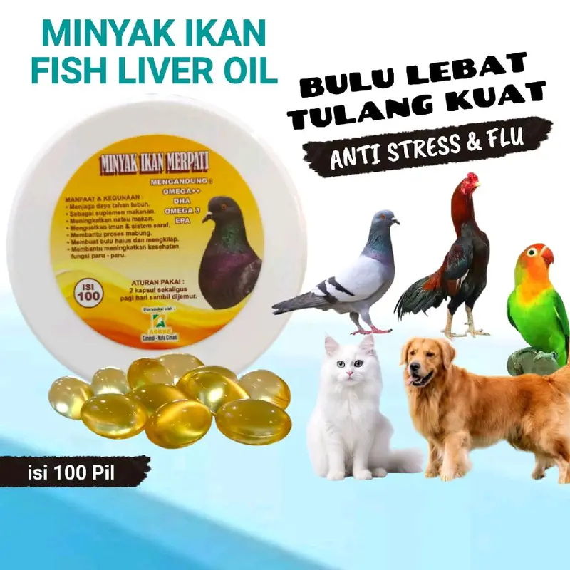 MINYAK IKAN  FISH LIVER OIL BURUNG DAN KUCING  KEMASAN 100 BUTIR Fish Oil untuk Kesehatan Kulit dan Bulu, Daya Tahan Tubuh, Kesehatan Jantung, Mengatasi Bulu Rontok 2