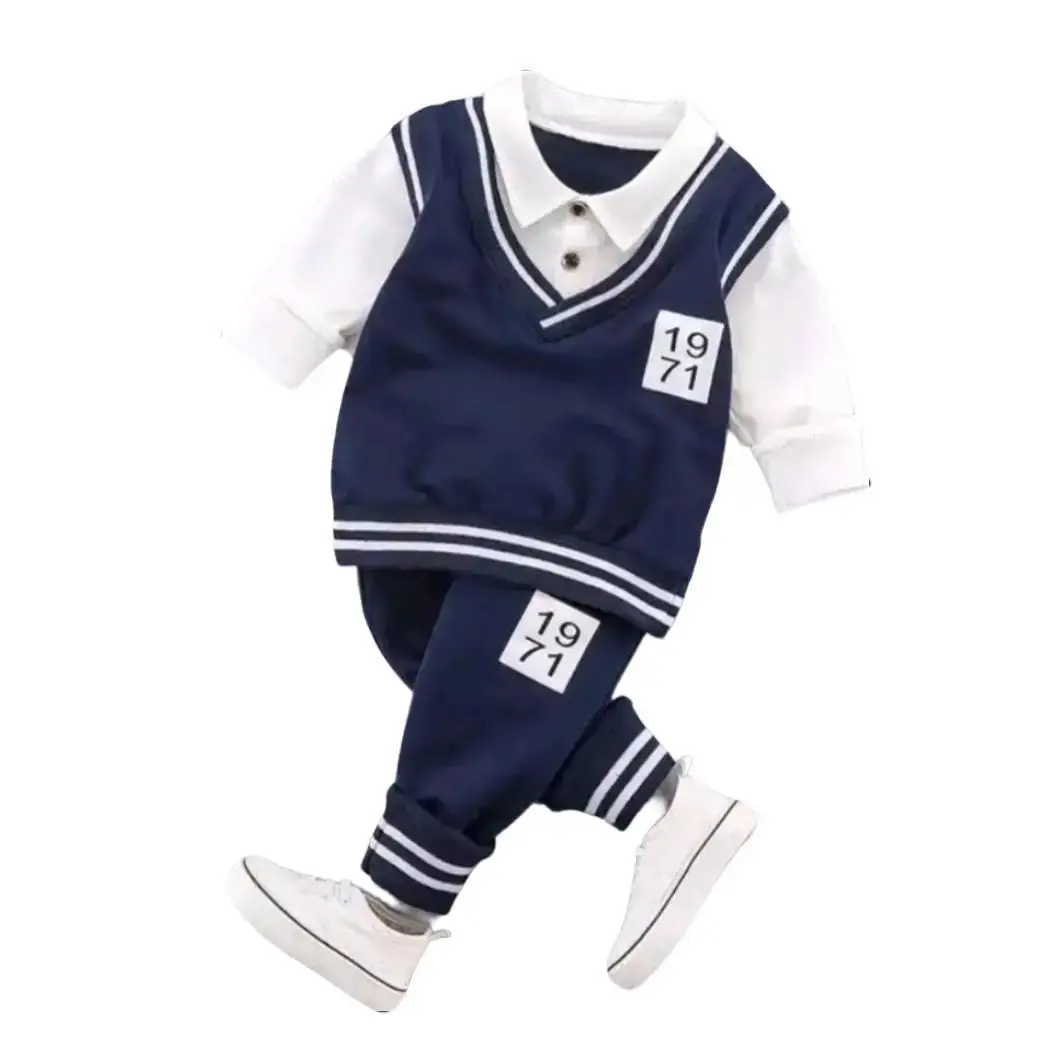 Baju bayi Cowok 6 12 bulan 1 2 3 Tahun Kemeja Lengan Panjang Set Rompi Navy biru Katun Bunda Laki-Laki Parsel Blue