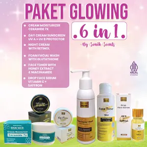 Paket skincare Komplit Glowing 6 in 1 (Moisturizer Ceramide 50g/30g, Day Cream Sunscreen, Night Cream Retinol, Serum  Vitamin C Saffron , Toner & Facial Foam) - Wajah, Membantu Mencerahkan, Pelembab Niacinam