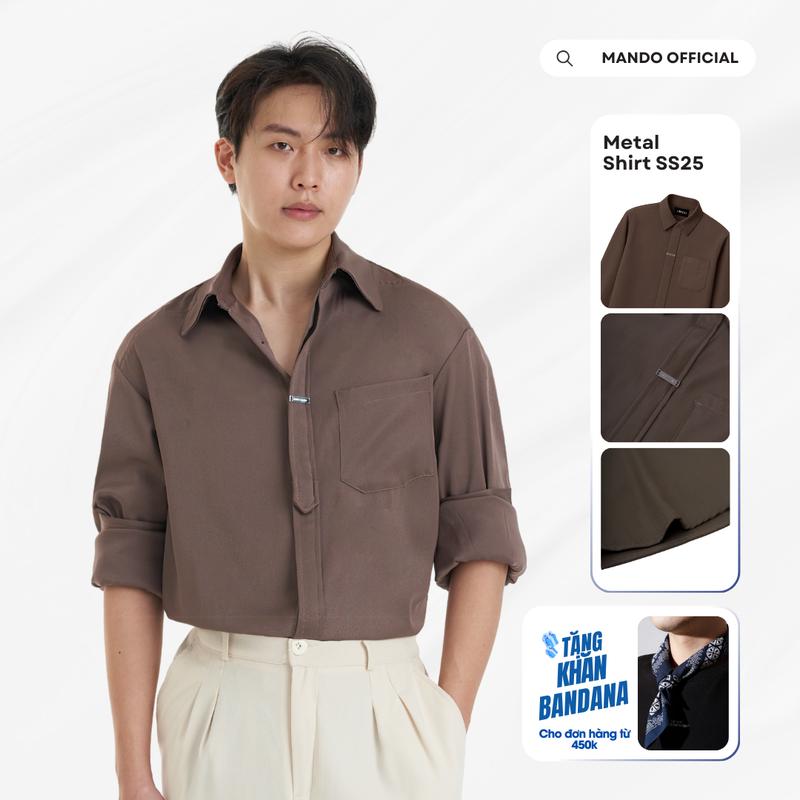 Áo Sơ Mi Metal-Shirt Giấu Cúc Tag Logo Kim Loại Oversized MANDO Menswear NXSHT032