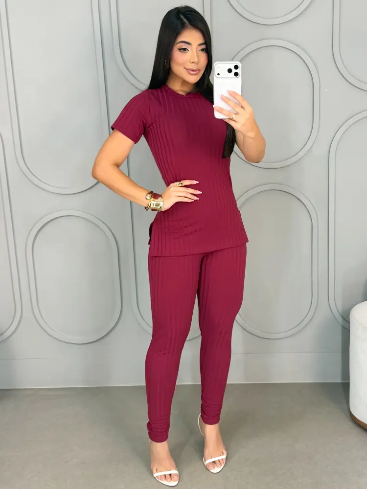 Conjunto Canelado Calça Com Bolso e Blusa Fenda Lateral Manga Curta Elegante Casual Premium - 5