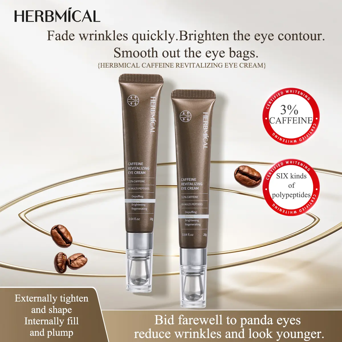 Caffeine multi Peptides Revitalizing Eye Cream 20g HERBMICAL firming and lifting with titanium massage head removes dark circles, puffiness, fine lines, eye wrinkles, eye bags