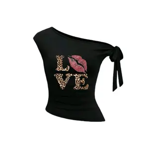 Kaos wanita One shoulder motif Love Leopard - atasan wanita elegan lengan tali l Grace store id