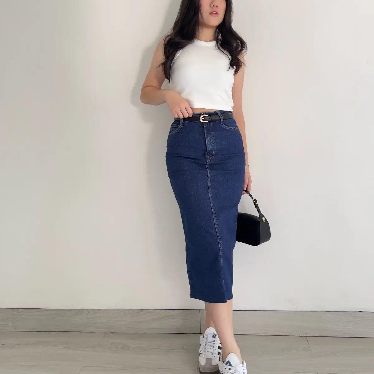 KLAVEE — LEONA DENIM SKIRT STRETCH / Rok Jeans Midi Wanita / Stretch Melar Korean Style Basic