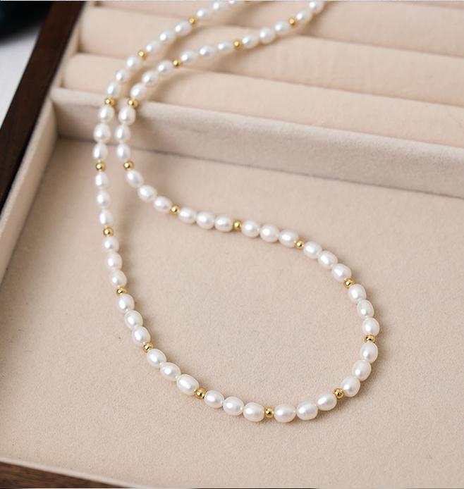 Product Introduction of N519 Fashion Jewelry For Women White  Freshwater Cultured Pearl With Steel Bead Stackable Rice Type Necklace 2