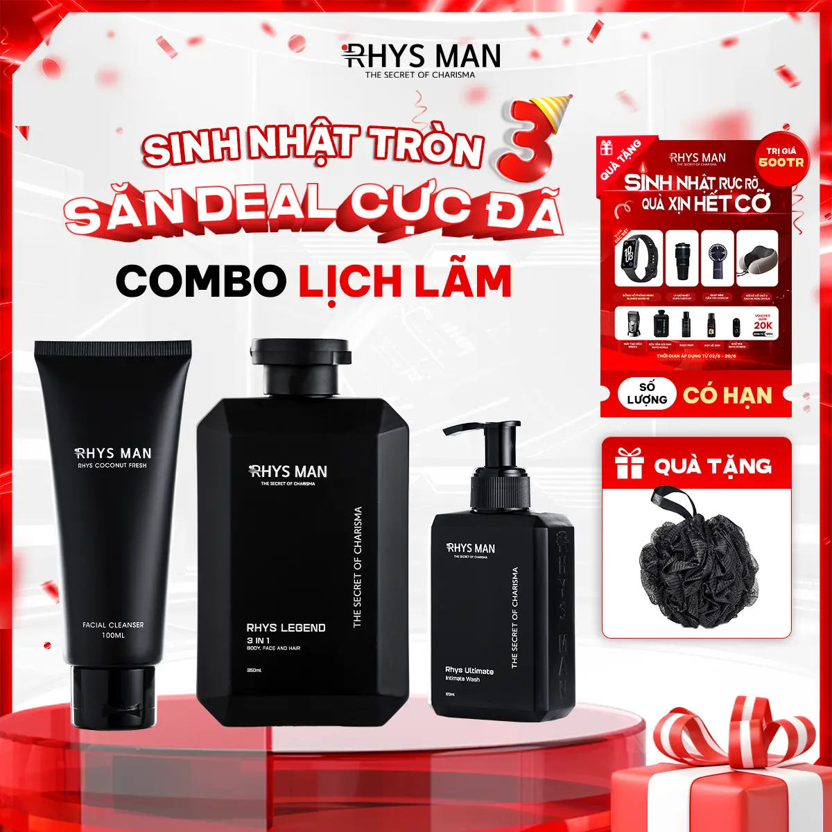 Combo Lịch Lãm Rhys Man (Sữa Tắm Gội 350Ml & Sữa Rửa Mặt Hương Dừa 100Ml & Gel Vệ Sinh Nam 120Ml) | Tặng: 1 Set Hộp & Túi