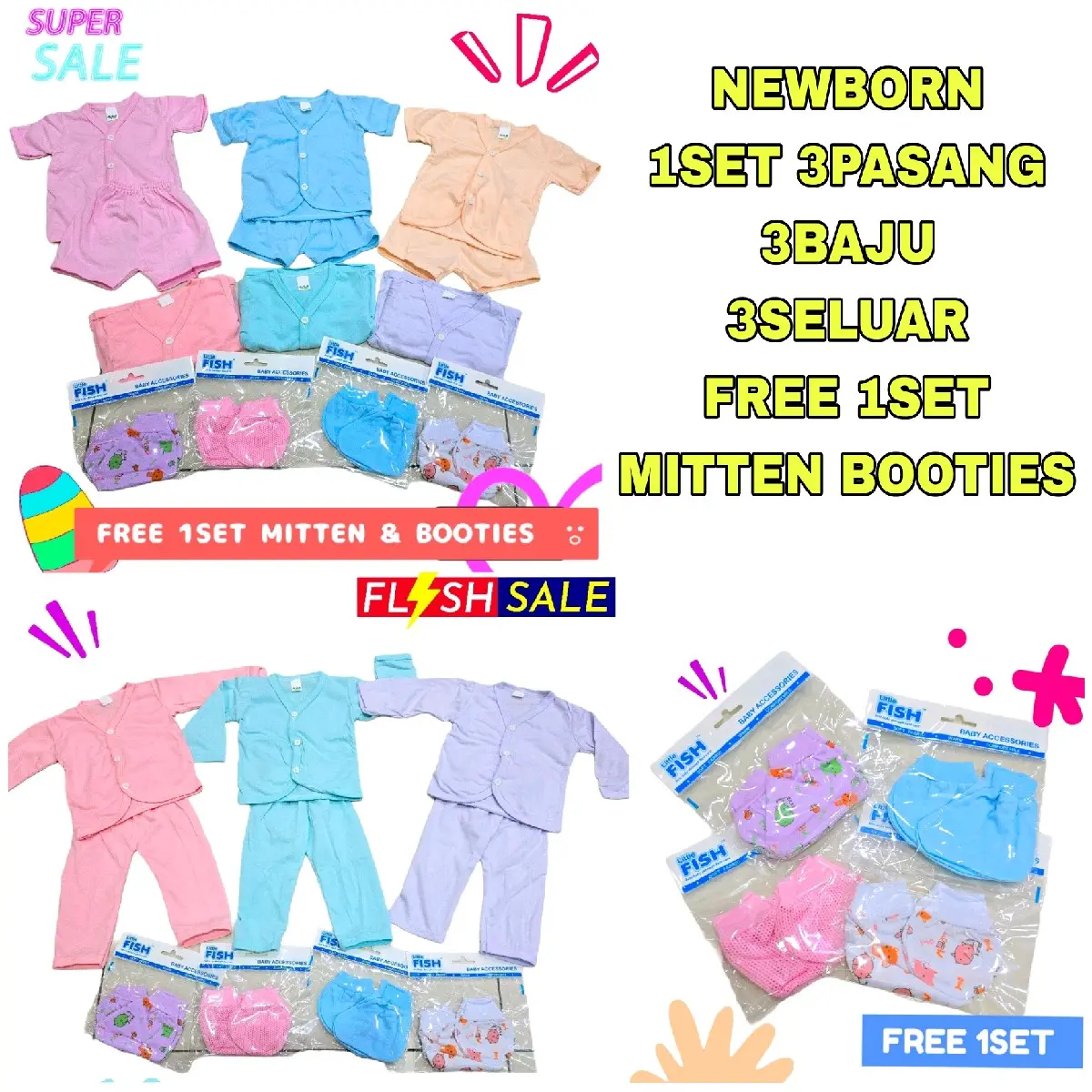 New Born 1Set 3Pasang Free 1 Booties and Mitten Baby Baju Tidur Sleepsuit