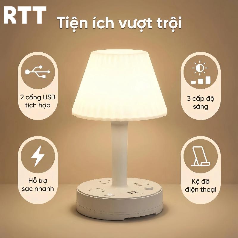 đèn ngủ cắm ổ điện Đèn Ngủ Để Bàn Đa Năng 4 IN 1 Kiêm Ổ Cắm Điện, Cổng Sạc USB Và Giá Đỡ Điện Thoại Tiện Lợi