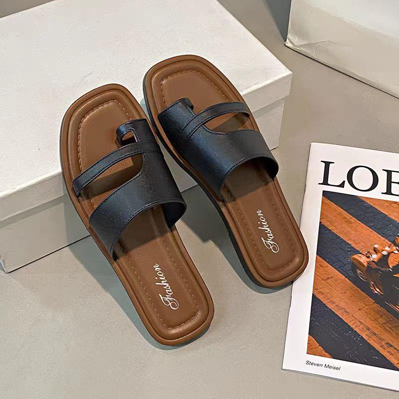 Sandal Selop Wanita Polos, Sepatu Musim Panas Flat Kasual dengan Pengait Jari, Sandal Selop Berdesain Ringan