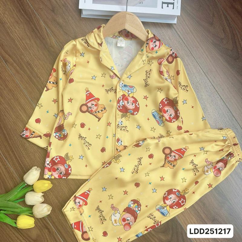 LDD251217 Bộ lụa dài pijama tay dài quần dài cho bé gái 12kg-42kg cài nút phối viền