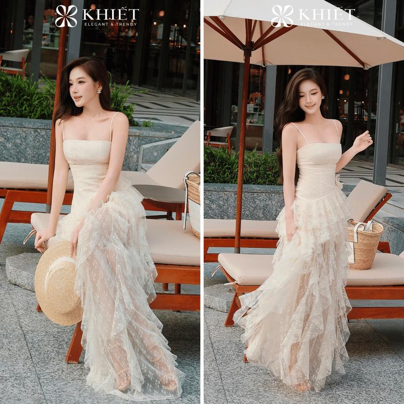 KHIẾT - Đầm ren dài 2 dây tùng xòe đính hoa 3D phong cách nữ tính quyến rũ Khiết KD643