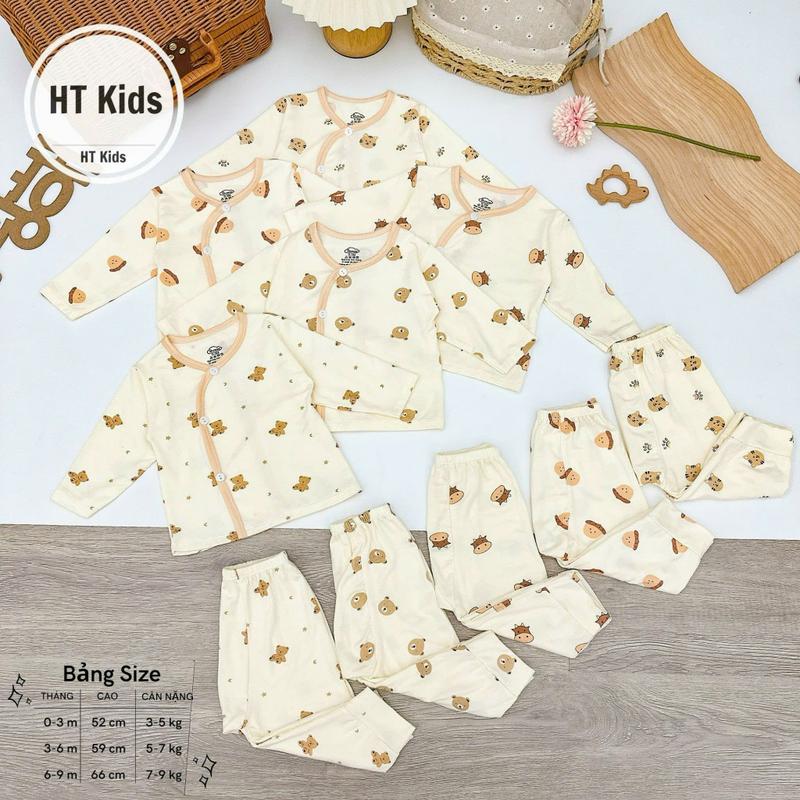 Combo 5 Bộ Quần Áo Sơ Sinh Cho Bé Trai Gái Dài Tay Thun Lạnh Nền Kem Hình Gấu,…