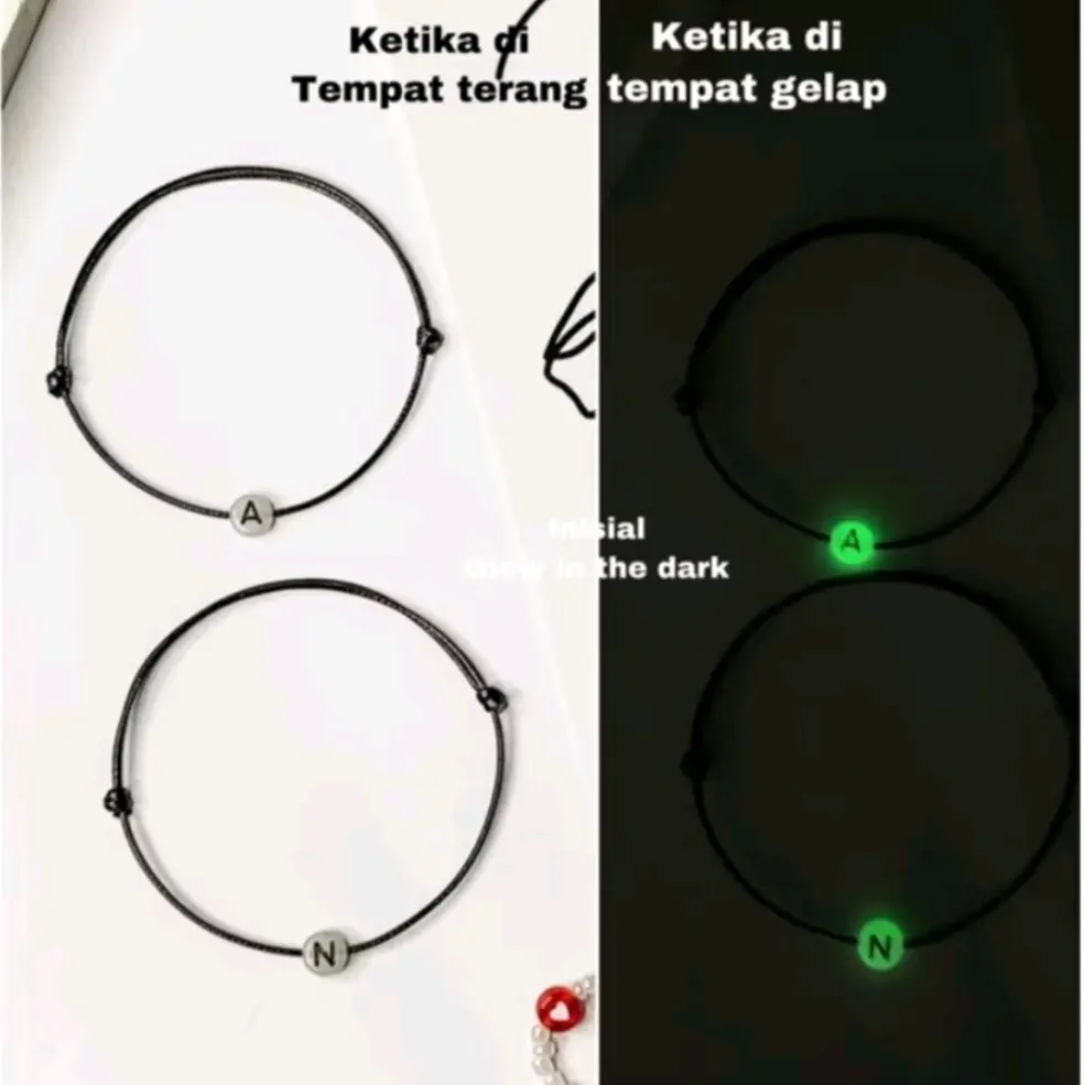 Gelang Liontim Inisial Nama Glow In The Dark Tali Hitam Simple Cocok Untuk Couple Bracelets gelang couple starboy stargirl