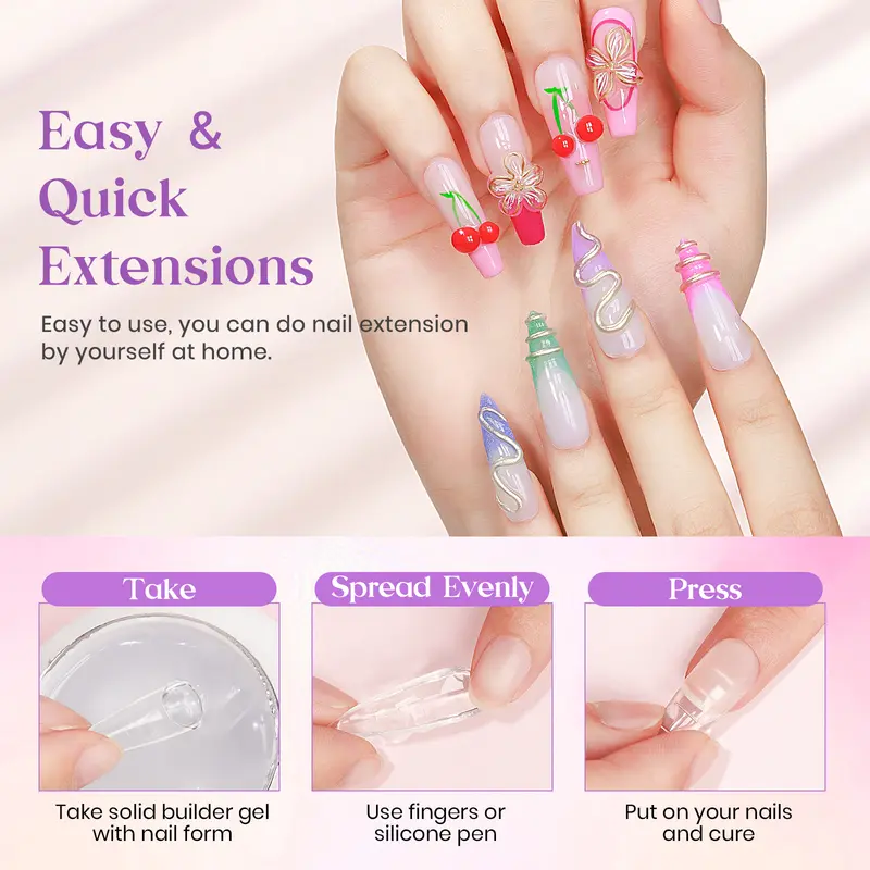MIZHSE 60g Builder Nail Gels Nail Kit Clear Non-Stick Hand Nail Extension Gel with Nail Pen, Silicone Forms, 36 Nail Tips for Beginners & Salon Professionals Soak off UV/LED 3
