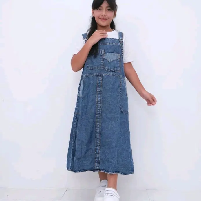 Overall Dress Jeans Anak Fashion Perempuan Baju Jumsuit Usia 7-10 Tahun 4