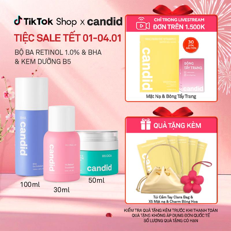 Bộ Ba Hỗ Trợ Cải Thiện Và Phục Hồi Da Candid Retinol 1.0% 30ml & Kem Dưỡng B5 Cica 50ml & BHA 100ml