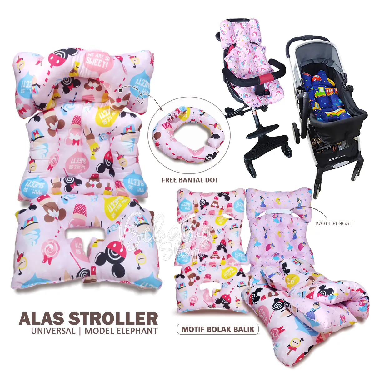 Alas Stroller Universal Motif Bolak Balik Free Bantal Dot Strollerpad Pelindung Semua Stroller Model Elephant Boy Girl