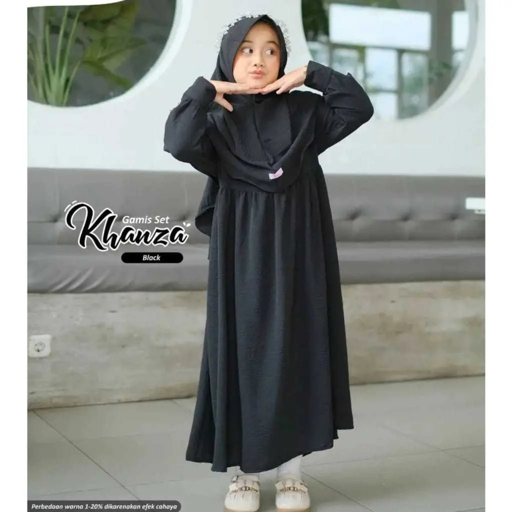 Khanza Kids Gamis Anak Perempuan Set Hijab Usia 5-14 Tahun Bahan Crinkle Airflow Model Baju Gamis Anak
