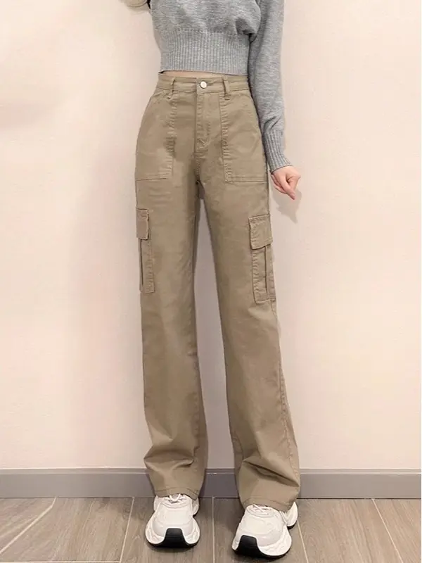 【Luck wanita】Cargo Jeans khaki Highwaist Loose Celana Jeans Wanita Korea style (realpict) 4