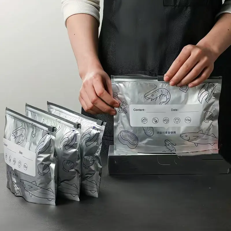 Kantong penyimpanan segar bersegel aluminium foil kantong tertutup rapat untuk lemari es dan freezer food grade kantong kedap udara kantong pengepakan dengan ritsleting 4