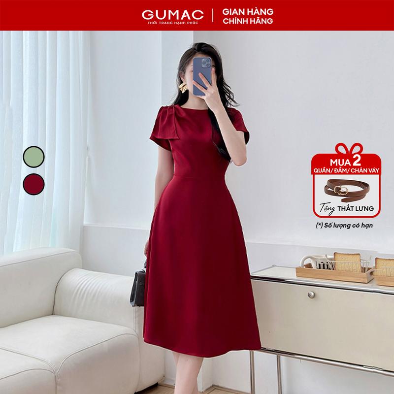 MUA 2 TẶNG THẮT LƯNG Đầm nữ thiết kế dáng A xòe kiểu vai xếp ly đính nút sang trọng thanh lịch thời trang GUMAC LDE1108