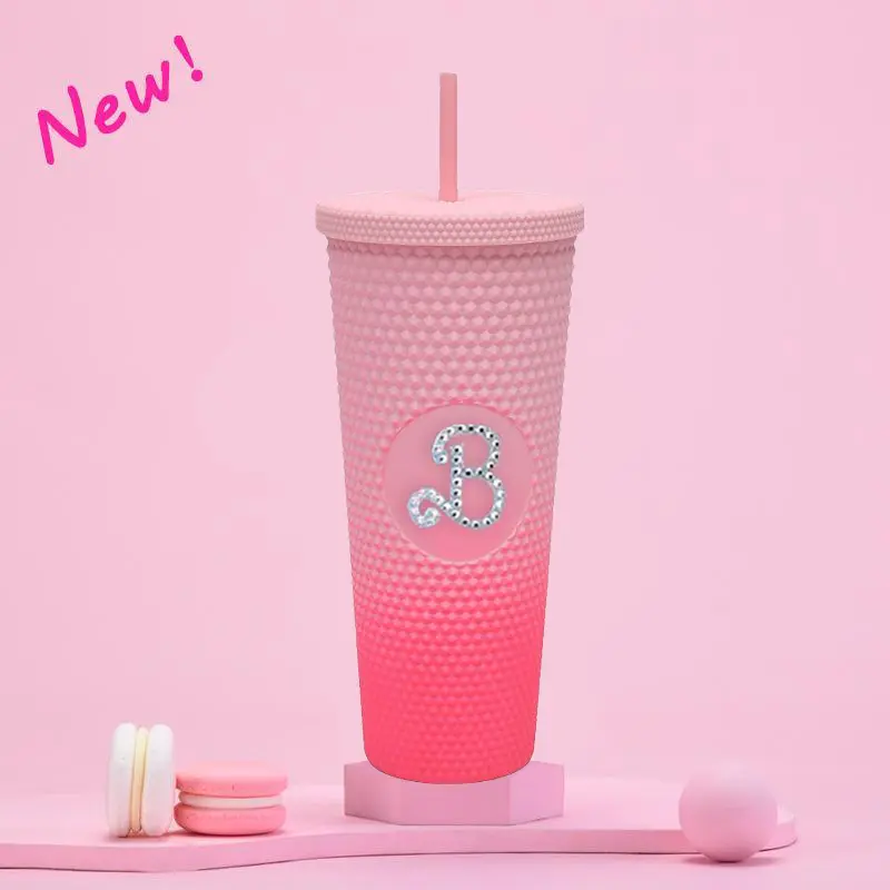[Pisuz Way] Barbiee สีชมพู B- ตัวอักษร ฝังเพชร แก้วน้ำพลาสติกผนังสองชั้น ขวดน้ำฟาง Barbie ครบรอบ 65 ปี แก้ว  สตาร์บัค
