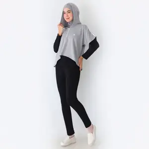 Asymmetric Hoodie Olahraga Wanita Muslim Jumper Lari Bersepeda Celana Hitam