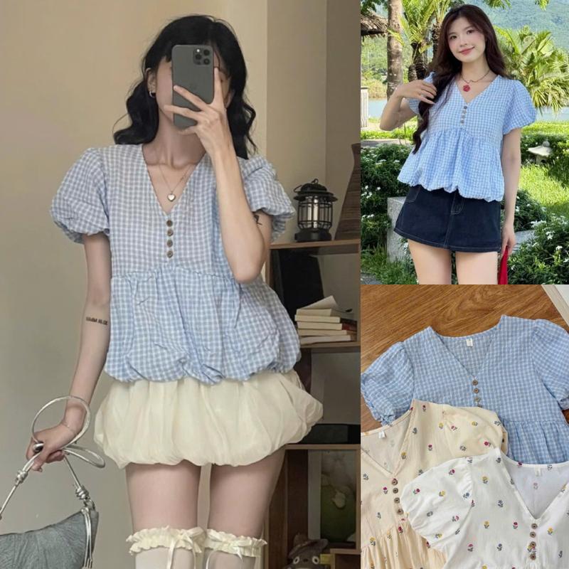 Áo sơ mi nữ A.767, Áo babydoll cổ V dáng bí tay ngắn bồng bo chun phối cúc dọc dễ thương - Shop Chấm Bi