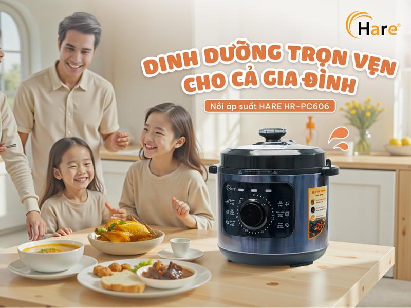 Nồi áp suất điện HARE HR-PC606 6 lít đa năng nấu cơm cháo ninh hầm hấp gà kho cá công suất 1000W bảo hành 12 tháng an toàn sức khỏe dễ vệ sinh