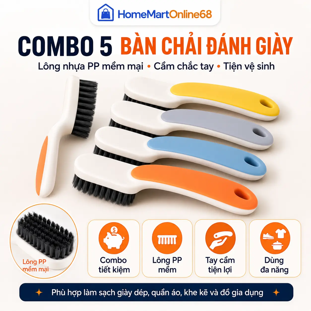 HomeMartOnline68 | Combo 5 Bàn Chải Đánh Giày Lông Nhựa PP Mềm Mại, Chà Giày Làm Sạch Đa Năng Tiện Lợi