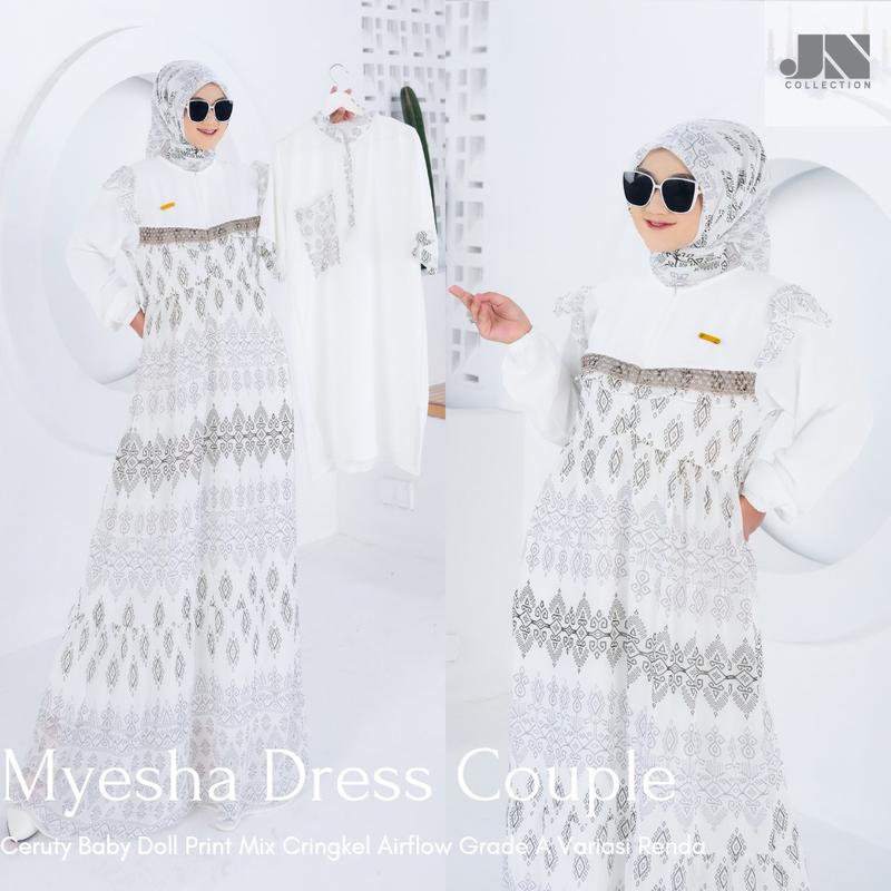Gamis Sarimbit Myesha Dress Ceruty Print Mix Cringkel Airflow Grade A Variasi Renda FREE Hijab Segi Empat Mewah Elegan 1