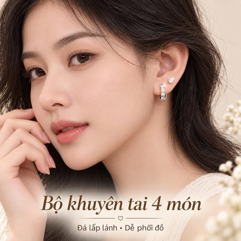 Bộ trang sức tai pha lê HaleyeShop 4 món – đeo ngủ không cần tháo, thiết kế…