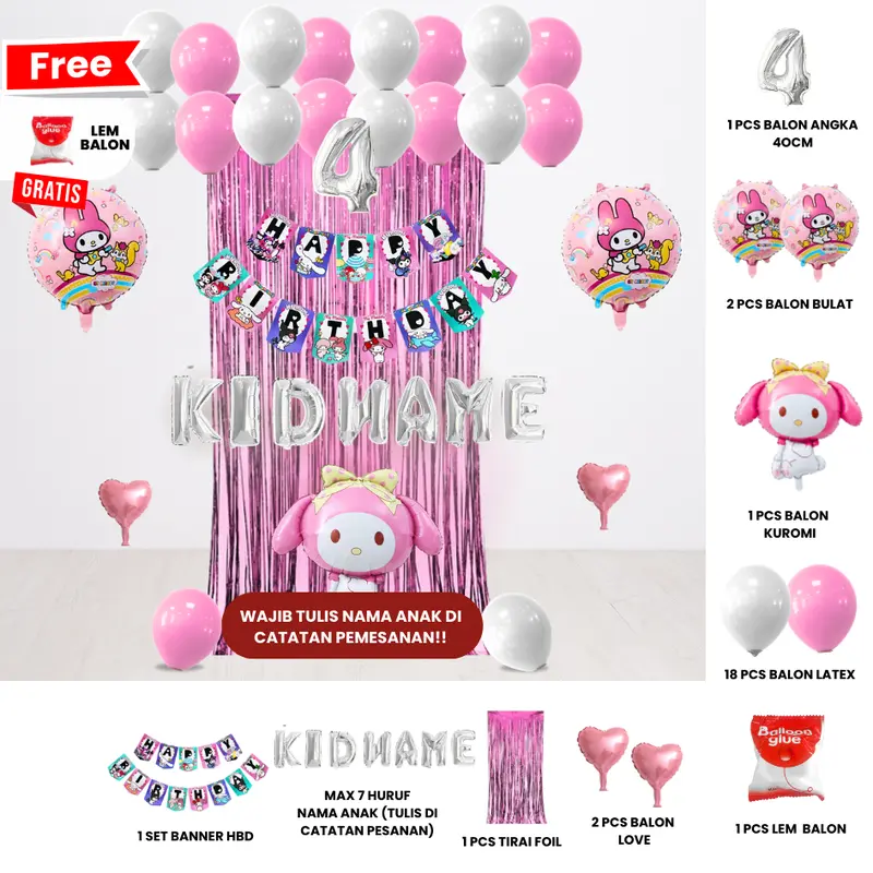 SANRIO KUROMI/MELODY/CINAMOROLL SET DEKOR ULANG TAHUN ANAK/ DEKORASI ULTAH ANAK 5