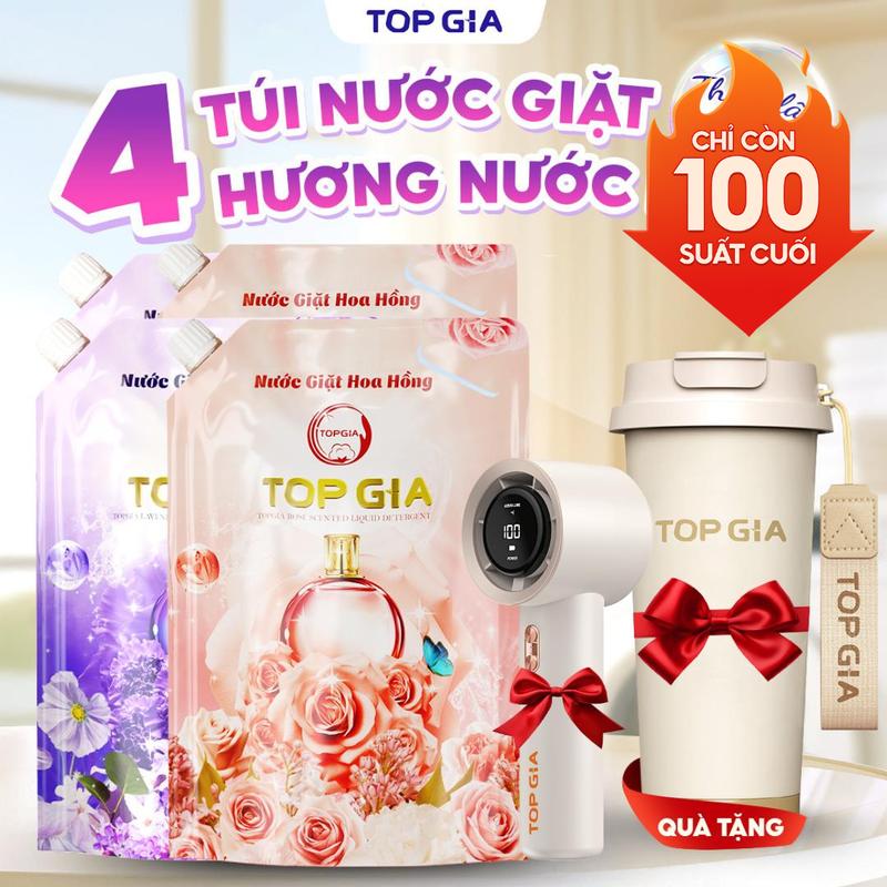 [TẶNG BÌNH + QUẠT] Combo 4 Túi Nước giặt xả TopGia hương Lavender Tặng 1 Bình Giữ Nhiệt Topgia 500ML và 1 Quạt Mini Cầm Tay, Nước giặt xả quần áo làm sạch, ngừa khuẩn, làm mềm vải và lưu hương dài lâu (1L) nuoc giat nth