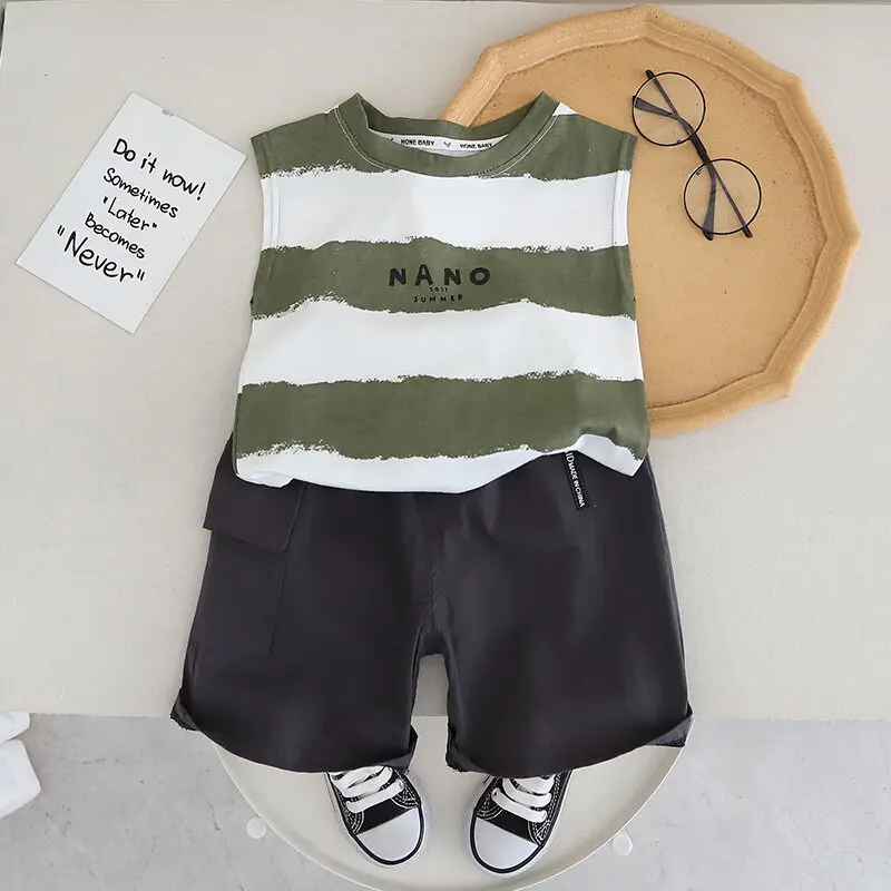 Summer new children clothing suits 0-5 years old baby boy fashion striped O-neck sleeveless + shorts two-piece set comfortable and handsome cotton top + shorts set