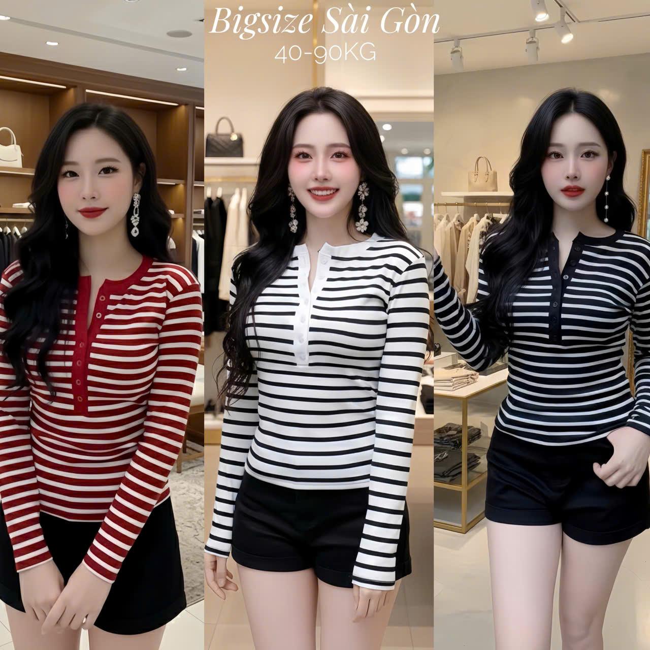 Bigsize Sài Gòn Áo Thun Nữ Tay Dài Phối Nút Thời Trang Noel Vải Sọc Rip Cao Cấp Thanh Lịch Bigsize 45–90kg Dễ Thương Nữ Women Top Nhung - B.1679