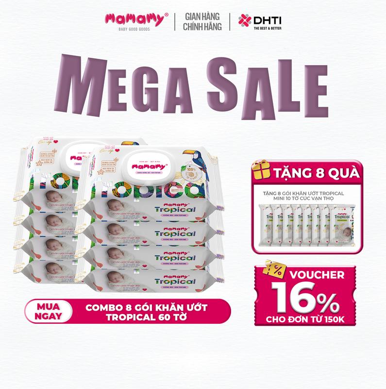 MUA 8 TẶNG 8 MUA 8 gói khăn ướt Mamamy Tropical 60 tờ TẶNG 8 gói khăn ướt Mamamy Tropical mini 10 tờ không hương thơm