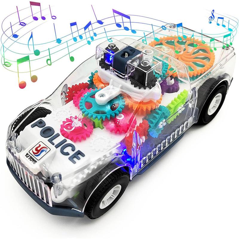 Light Up Transparent Gears Police Car Toy for Kids Bump and Go Toy Car for Boys Girl Educational Baby Toys Car Music LED Effects 0