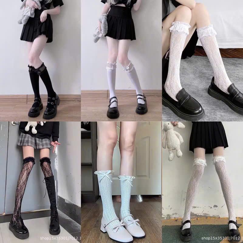 Tất cao cổ nữ đến gối ren lưới đính nơ công chúa Jengiang phong cách JK Y2K Nhật Bản