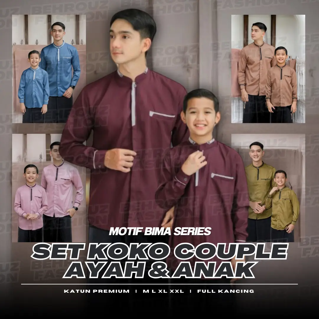 BEHROUZ Baju Koko Couple Ayah Anak Terbaru 2025 menyambut lebaran bahan katun poly signature kurta muslim pendek dewasa motif Bima toyobo Premium