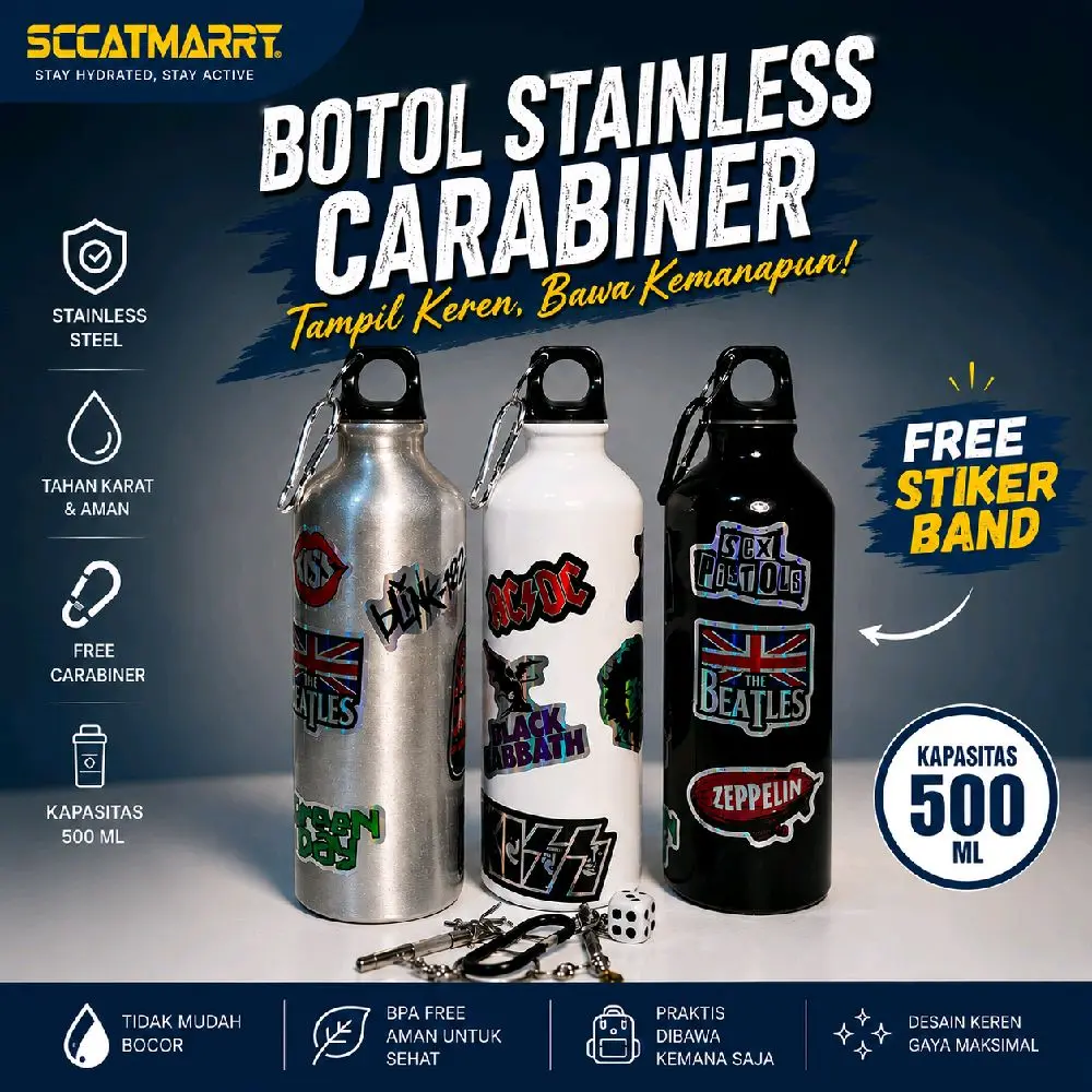 Botol Stainless Steel Sport Tumbler Skena 500 ml Anti Bocor Food Grade dengan Bonus Carabiner & Stiker Vinyl Band Premium Hologram
