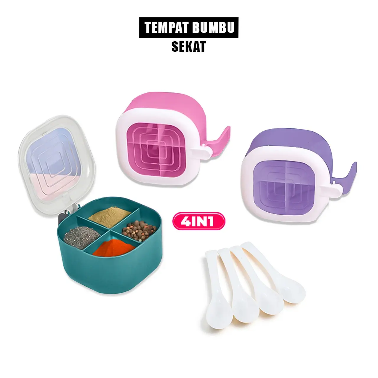 [COD] GD C1245 Tempat Bumbu Dapur Sekat 4in1 Kotak Penyimpanan Serbaguna Free 4 Sendok