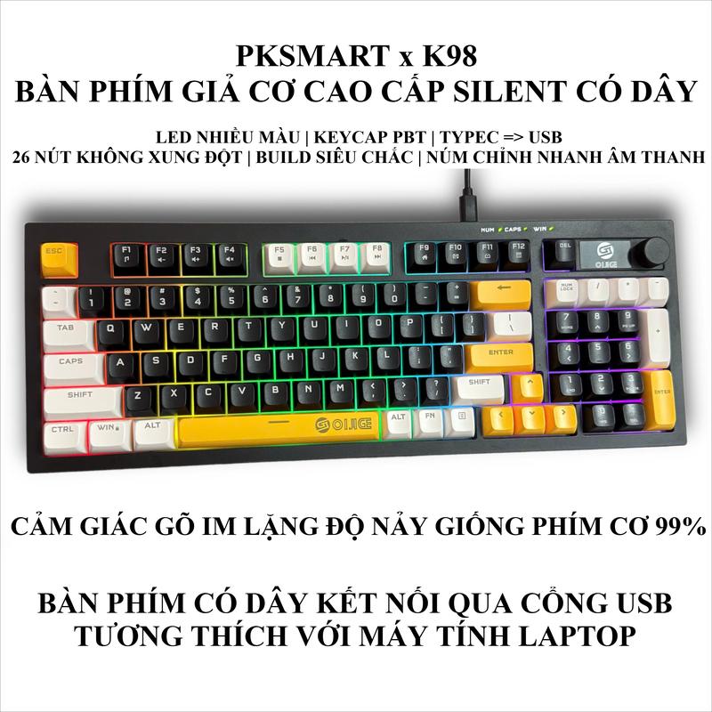 Bàn Phím Giả Cơ Cao Cấp Có Dây - PKSMART x K98 - LED Nhiều Màu - SILENT - Keycaps PBT - 26 Nút Không Xung Đột - Dùng Cho Máy Tính PC Laptop