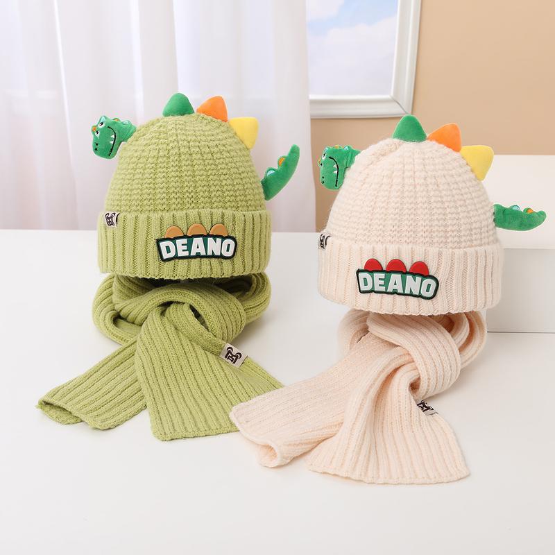 Bộ Mũ Khăn Quàng quàng cổ và Khăn Quàng cổ em bé Khủng Long Dễ Thương và Ấm Áp cho Mùa Đông Mũ Dệt Kim Dày Thích hợp cho Trẻ Mới Biết Đi bé trai và bé gái Chống Gió ngoài trời Khăn Quàng quàng cổ trẻ em