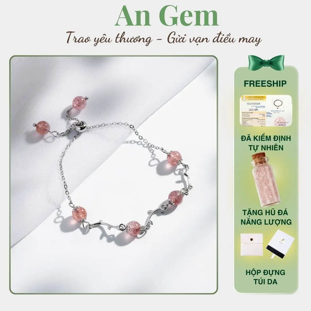 Vòng tay An gem thiết kế đá dâu hồng, xà cừ size 12~16.5cm (Điều chỉnh được kích thước) lắc tay nữ đá tự nhiên phong thuỷ phụ kiện quà tặng sinh nhật giáng sinh Noel Tết Valentine [TẶNG HŨ ĐÁ NĂNG LƯỢNG]